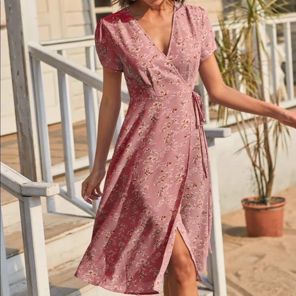 Boho floral print wrap knotted midi dress pink